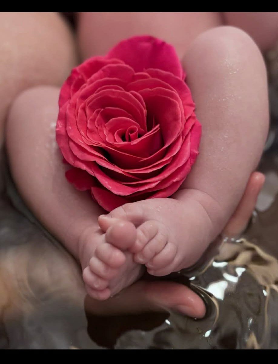 Newborn resting in a warm, organic herbal bath at our Keller, Texas birth center, part of our signature postpartum ritual designed to support gentle healing, comfort, and early bonding for the new family.