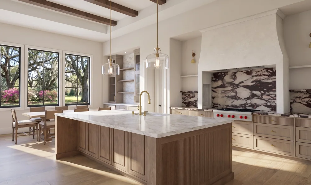 Kitchen, pantry, and primary bath design in Monroe