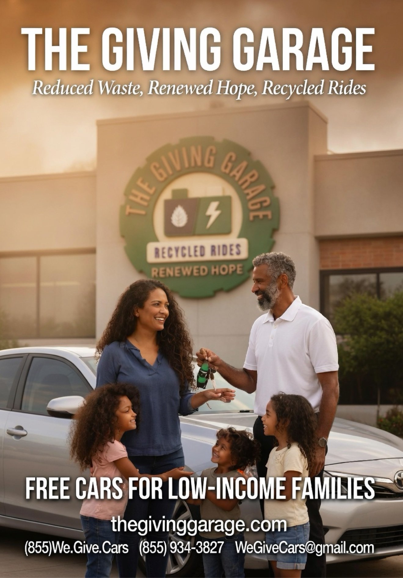 Family receiving car keys at The Giving Garage