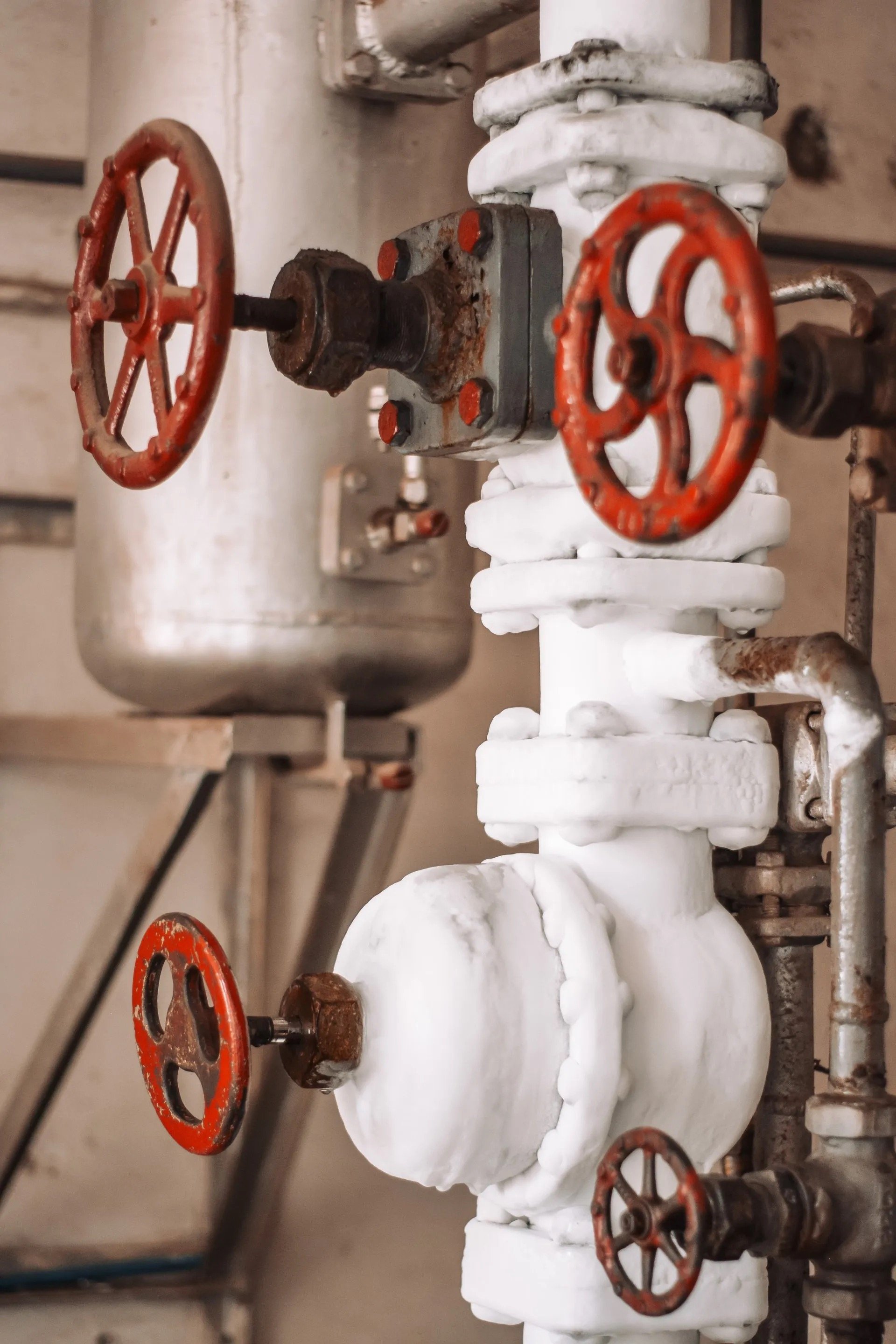 Industrial pipes with red valve wheels and white insulation, close-up view.