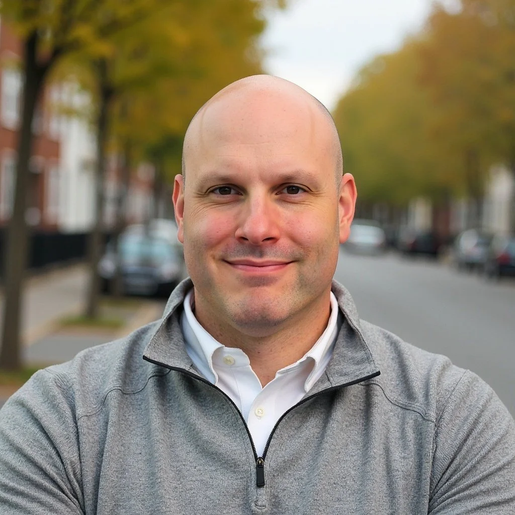 Close-up of a smiling man with a shaved head, wearing a gray jacket and white shirt, standing outdoors on a tree-lined street during fall.