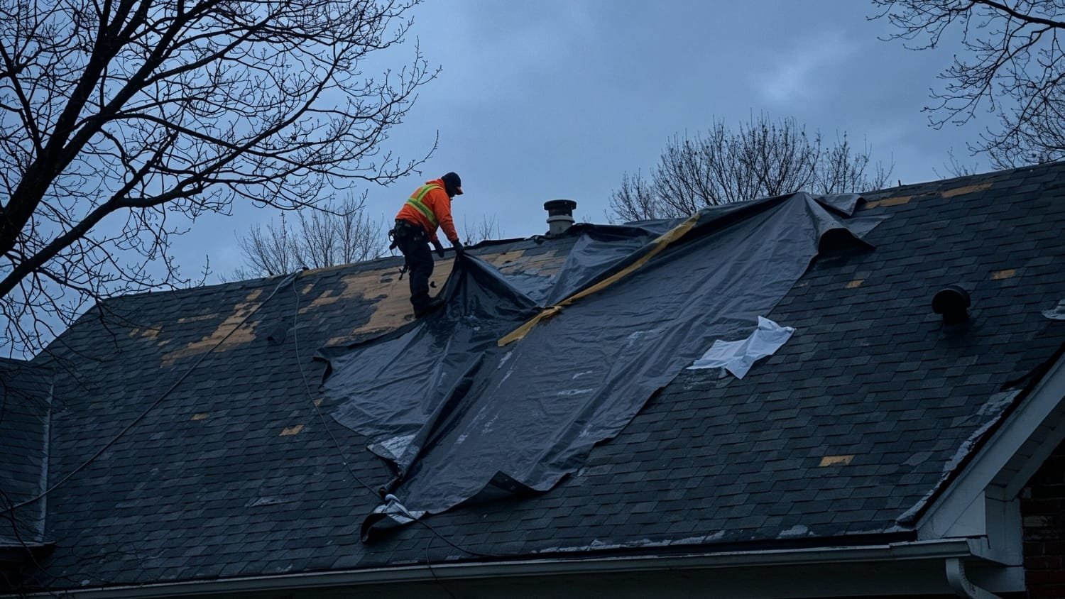 Emergency roof repair on a suburban Illinois home at stormy dusk, highlighted roof, roofer in high-visibility safety gear installing tarp, water diverted