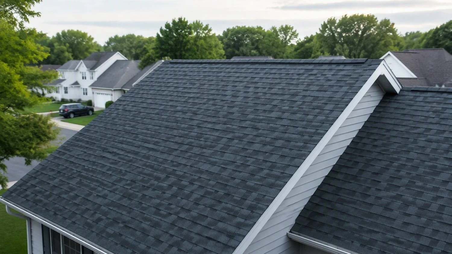 close-up view of a suburban Midwestern house roof covered with clean dark gray asphalt shingles