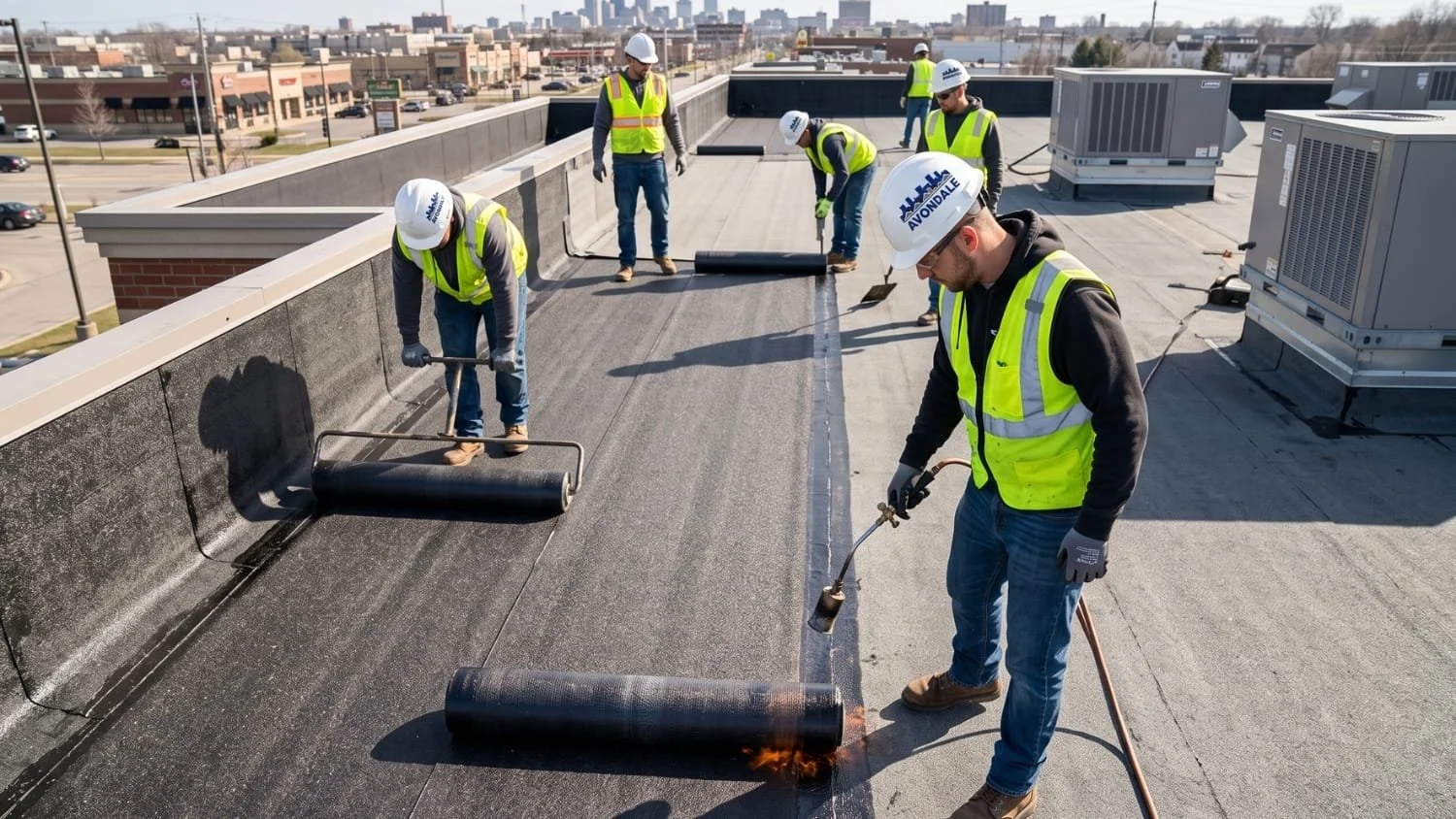 Shot of a commercial building flat roof during the day, capturing the crew of Avondale Roofing applying a multi-ply modified bitumen roofing system in Illinois