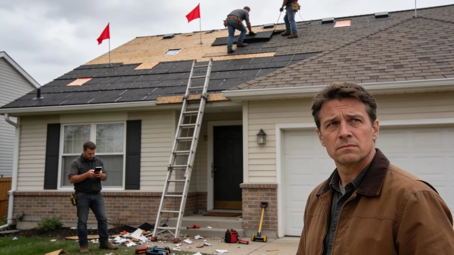 A homeowner standing in front of his house while an unprofessional roofing crew works on the roof