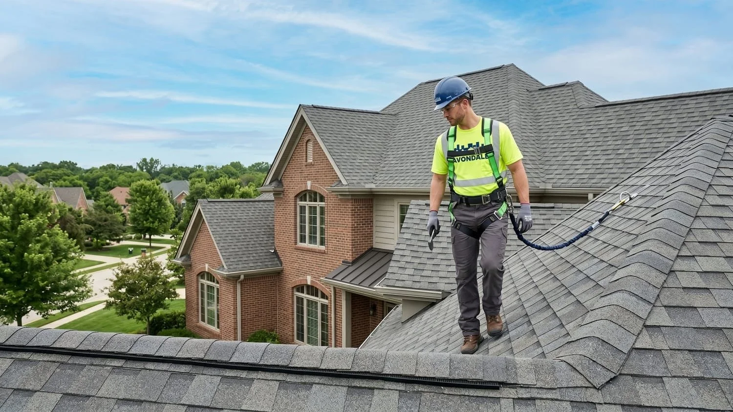 A professional and trustworthy roofing contractor in Wisconsin wearing complete and clearly visible safety gear