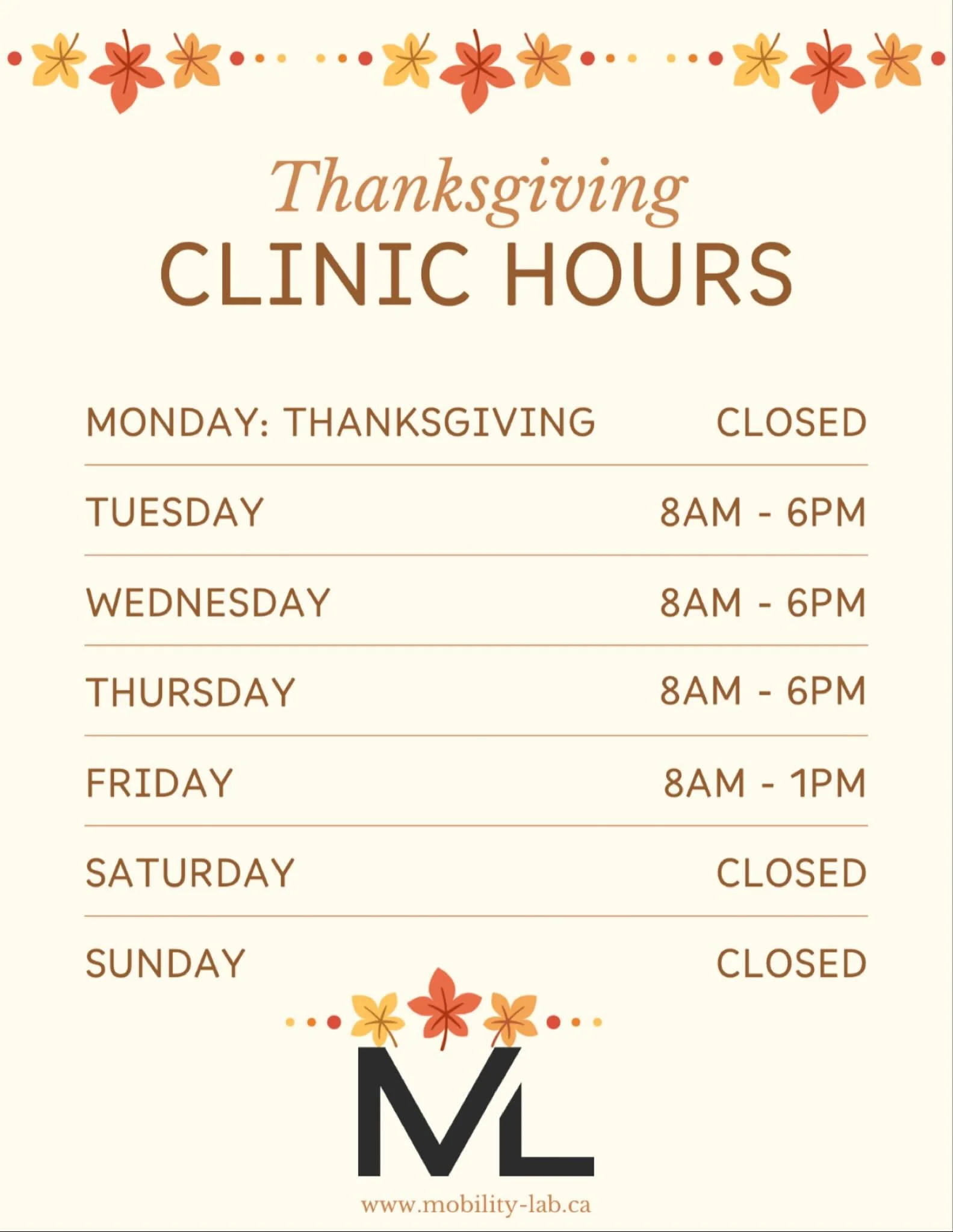 The Mobility Lab team wishes everyone a happy and healthy Thanksgiving! 🦃🍁

Please note our holiday hours:

📅 Closed Monday, October 13 for Thanksgiving.
Regular hours resume on Tuesday.

Clinic Owner &amp; Physiotherapist Jeff Dill will be away f