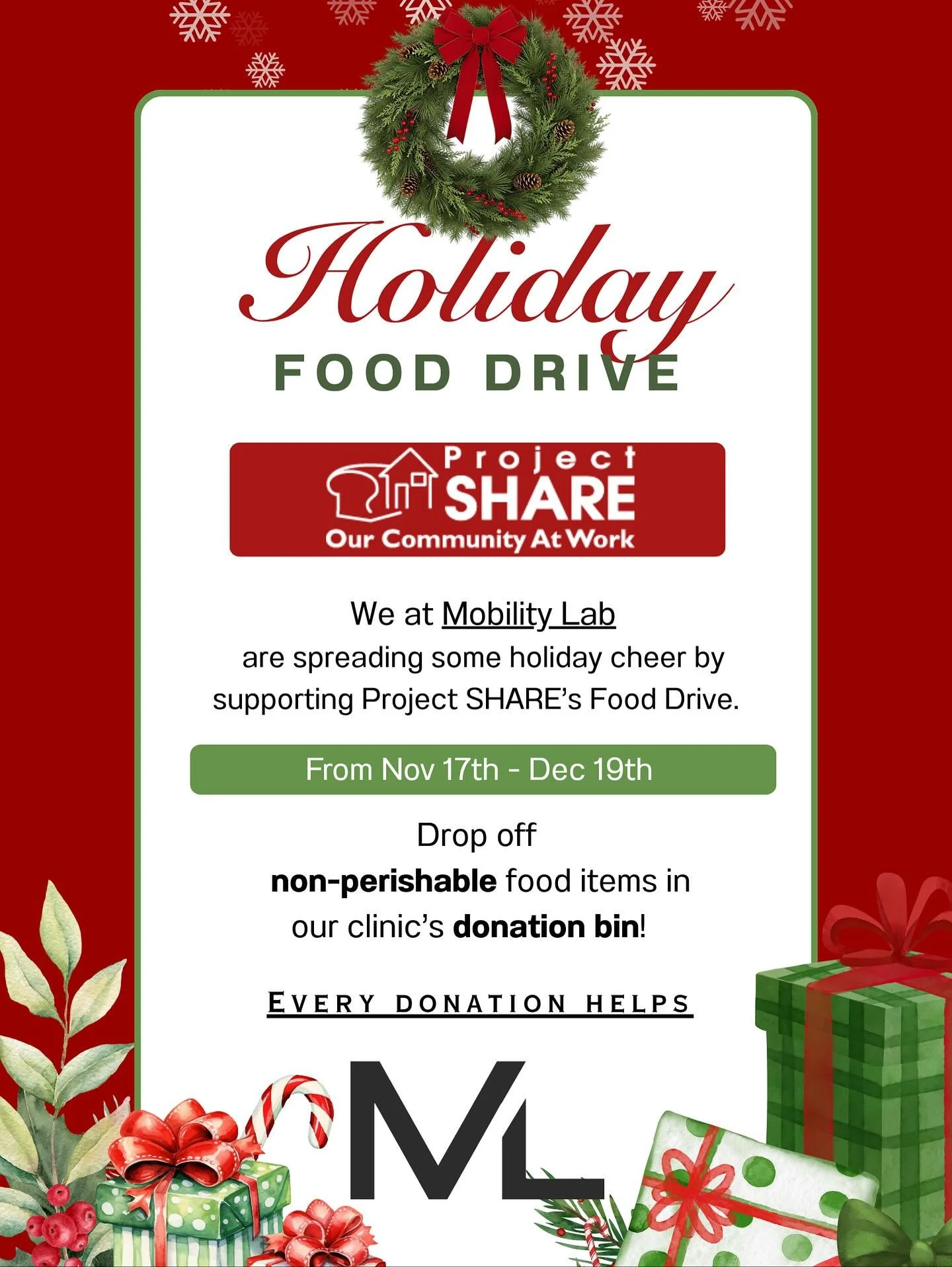 Mobility Lab Health &amp; Wellness Centre is happy to participate in Project SHARE&rsquo;s Holiday Food Drive from November 17 to December 19!

There are so many people in need, especially at this time of year, and often times these needs go unmet. W