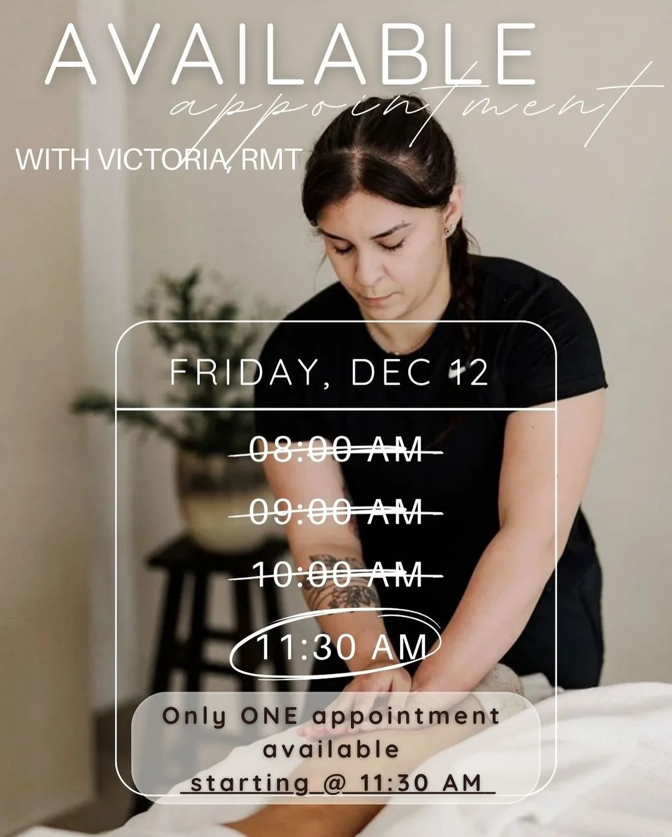 🚨LAST CALL🚨

Victoria, our Registered Massage Therapist, has ONE opening left this Friday starting at 11:30 AM. 

✨Need a reset before the weekend or still have benefits to use before the year is up? Now is the perfect time to book! 

📞Call: 289-2