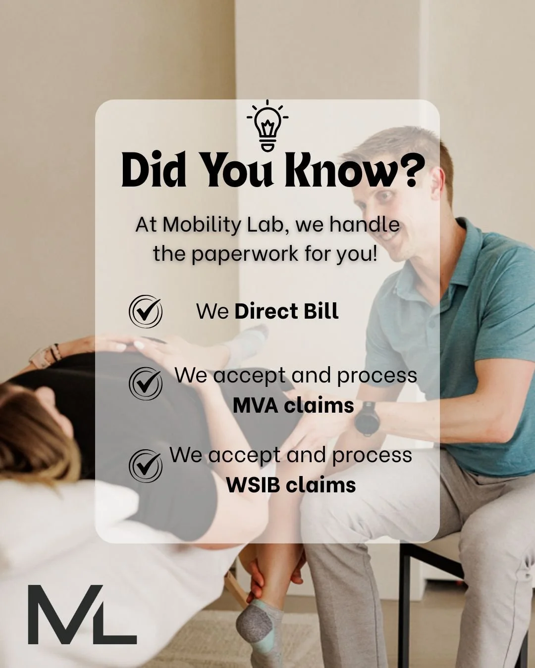 Did you know that we take care of all the billing and claims for you? 🤯

✅Direct billing to your benefits plan
✅Motor vehicle accidents (MVA) claims
✅WSIB claims (workplace injury coverage) 
....making your rehab journey smoother and easier. 

Let u