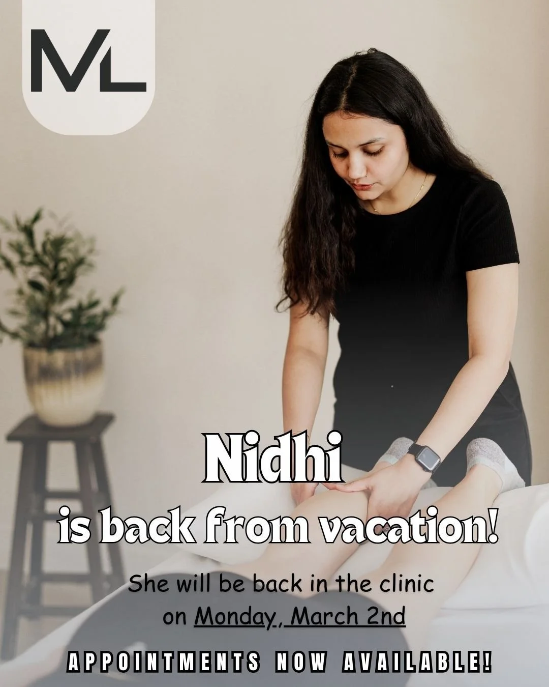 ✨We're excited to welcome Nidhi back from vacation✨

Our physiotherapist Nidhi, will be returning back to the clinic on March 9th (next Monday), and appointments are now open. 

📞Call: 289-296-3433
 or 
📲Book online: www.mobility-lab.ca
✔️To book y