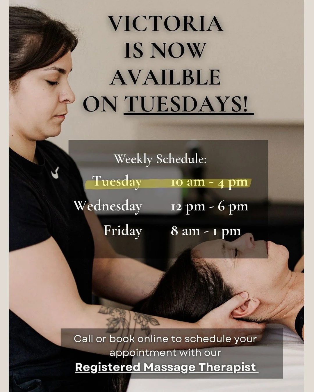 Victoria our Registered Massage Therapist (RMT) is now opening her schedule every Tuesday starting on Tuesday, April 7th!

📞Call: 289-296-3433
  or 
📲Book online: www.mobility-lab.ca
✔️To book your massage appointment with Victoria today!

#RMT #ma