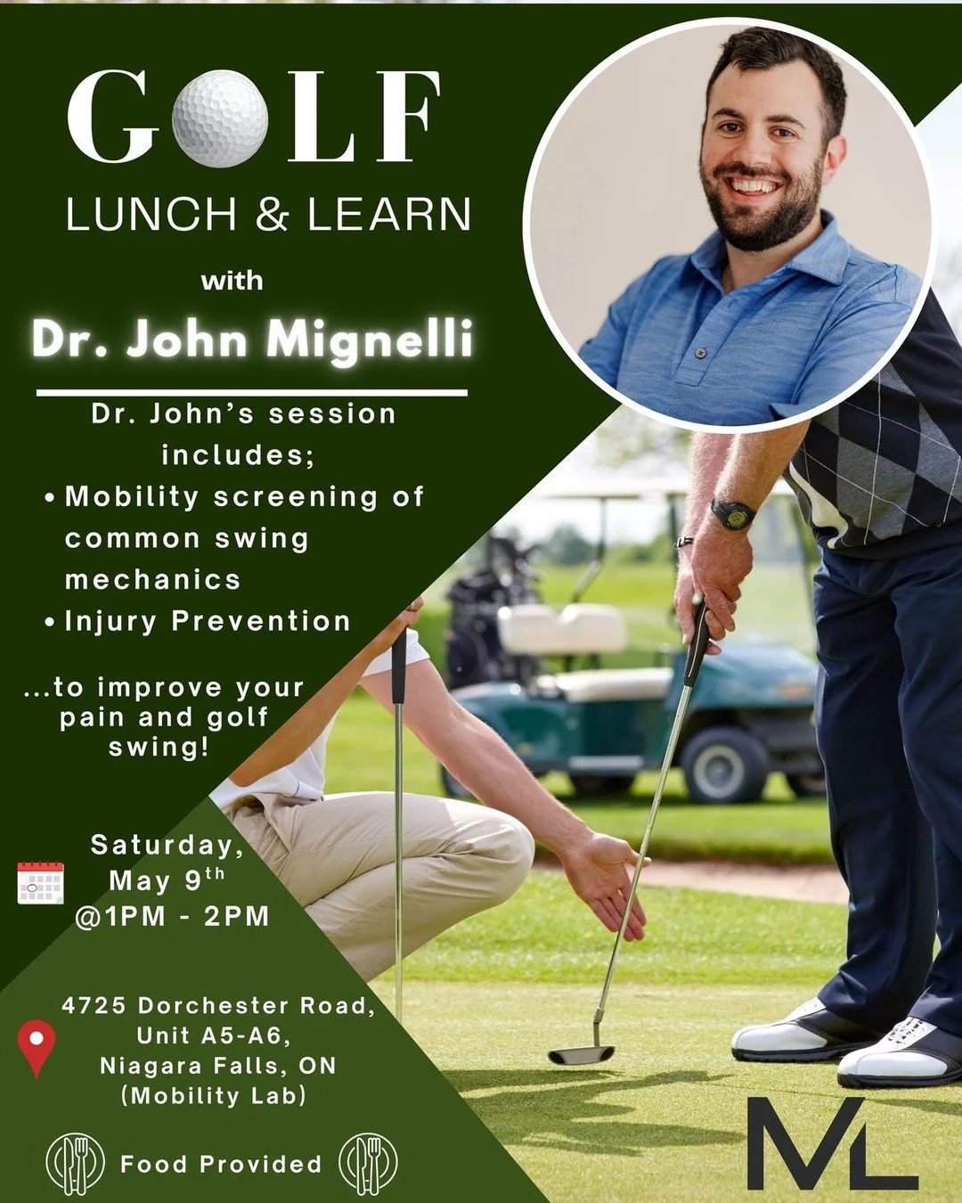 Come join us for a Golf Lunch &amp; Learn with our Chiropractor, Dr. John Mignelli at Mobility Lab! No appointment needed with lunch provided!⛳

Learn how improving your mobility and movement can enhance your swing while helping prevent injuries and 