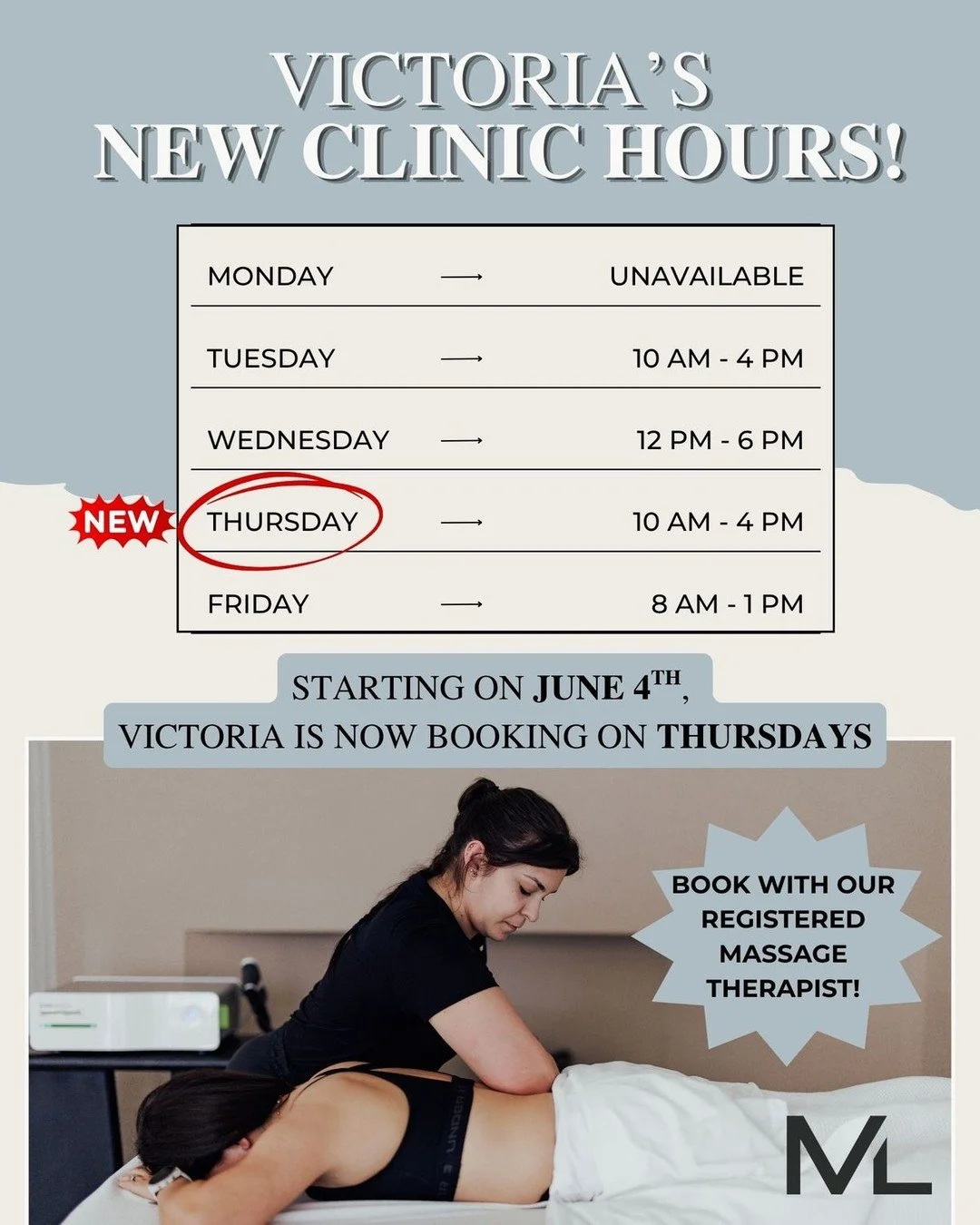 Great news!!👏

Victoria has expanded her clinic hours and is now available on Thursdays from 10 am - 4 pm! 🗓️ 

Starting June 4th, you can now book your massage appointments with Victoria on Thursdays as well. 💆&zwj;♂️

Appointments fill up quickl