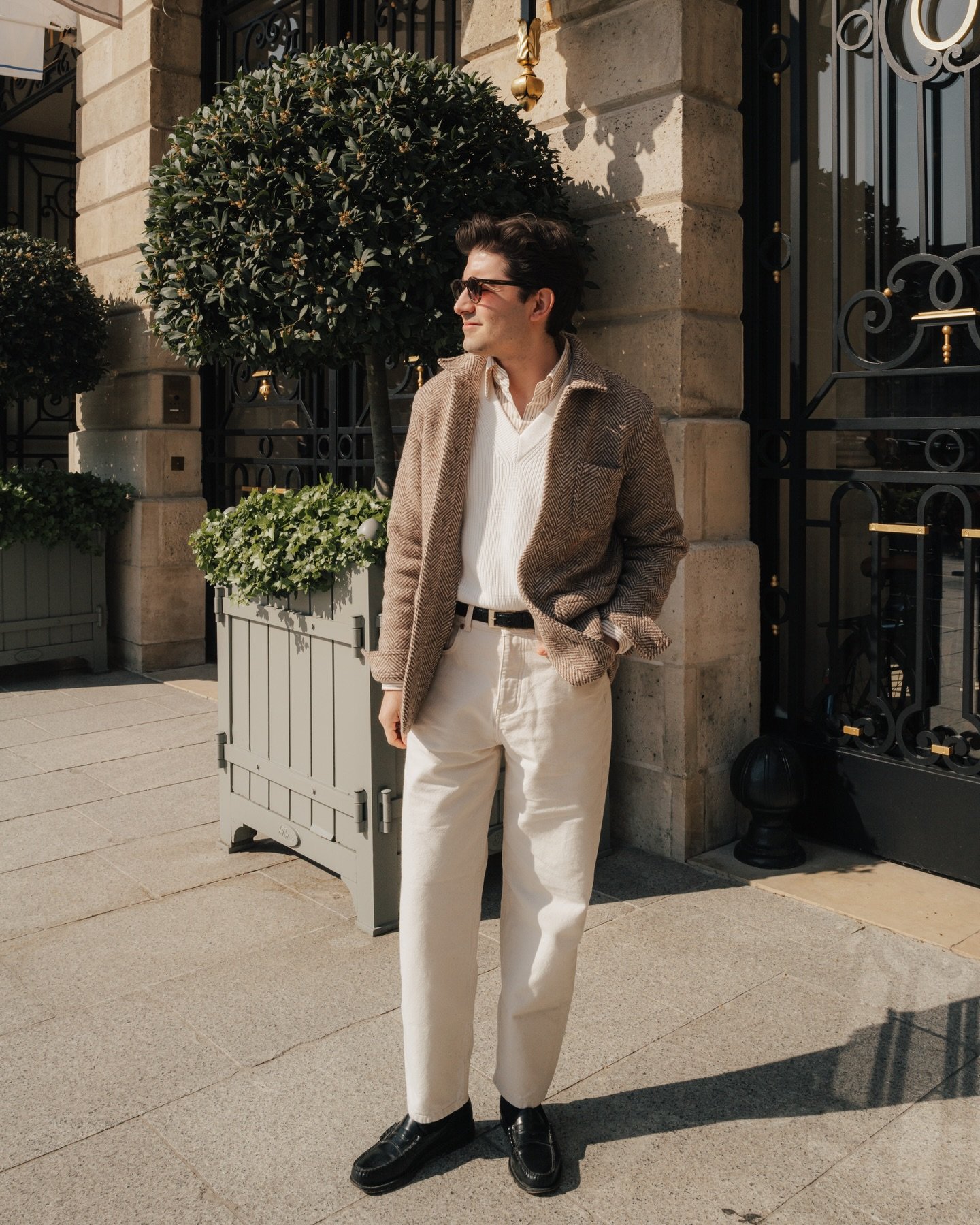 Yep, this is easily my favorite piece of the season. I love playing with textures for spring, especially with this one-of-a-kind herringbone jacket. Mixing the heavier fabric with a light cotton knit and an almost weightless shirt underneath makes it