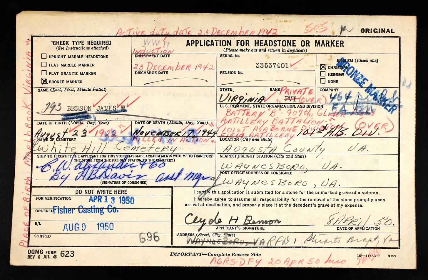 PFC James W. Benson Headstone Application