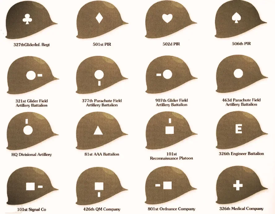 Helmets and identifiers of 101st Airborne units.