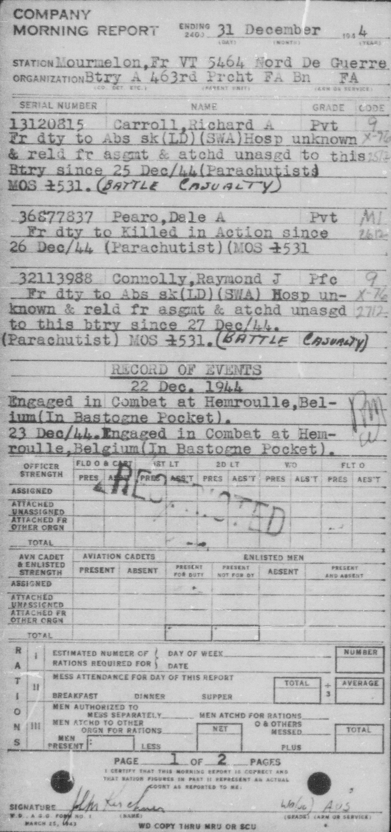 PVT Dale A. Pearo Morning Report