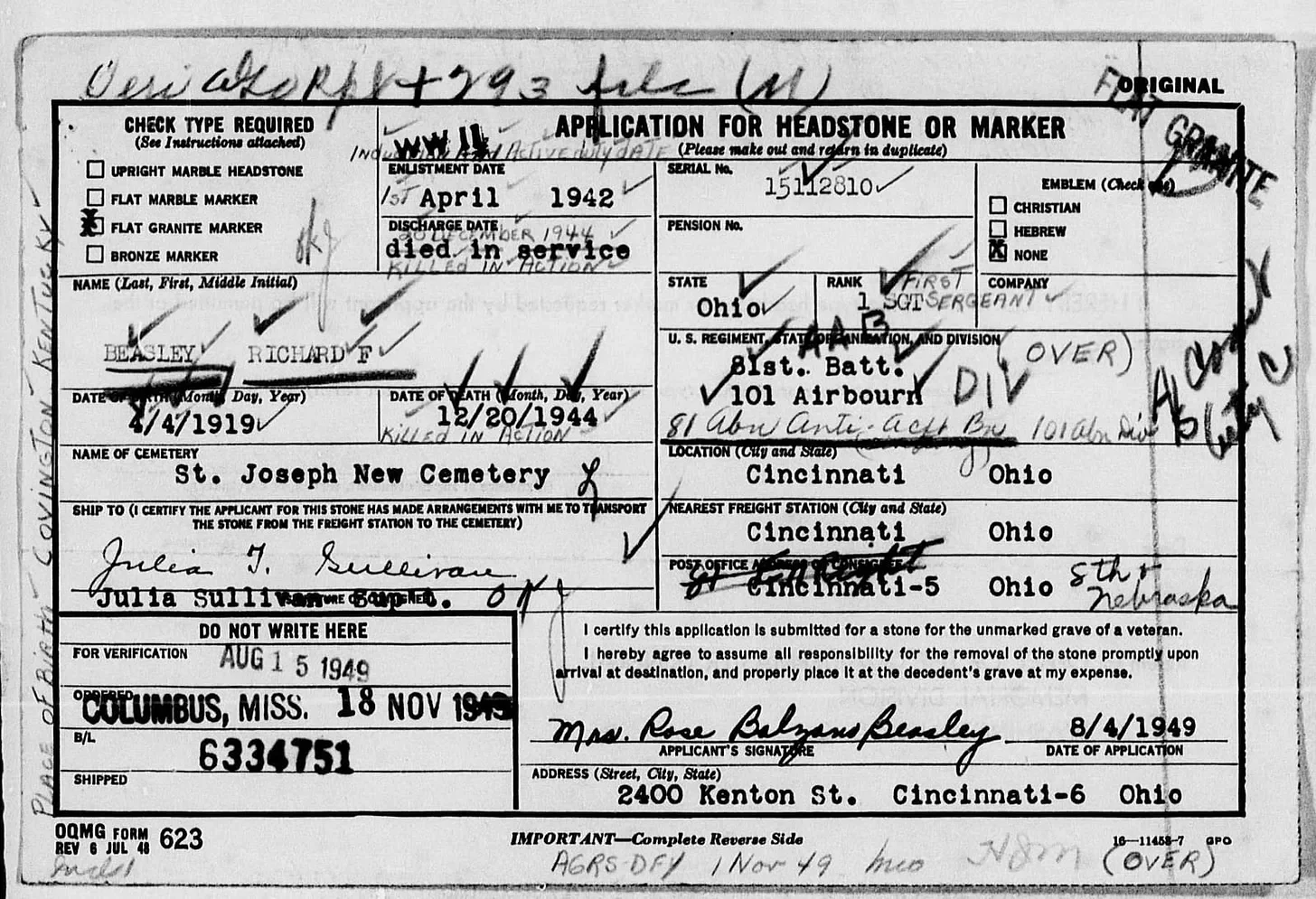 1SGT Richard F. Beasley Headstone Application