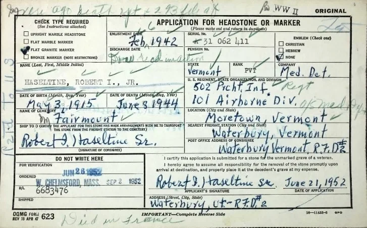 PVT Robert I. Haseltine Jr. Headstone Application