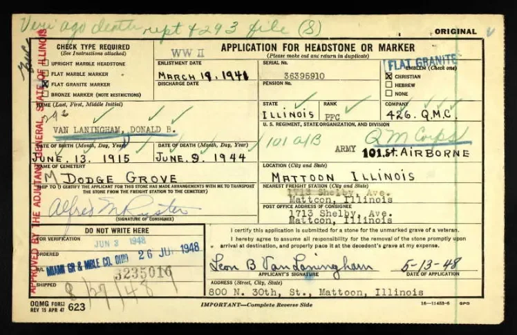 PFC Donald B. VanLaningham Headstone Application