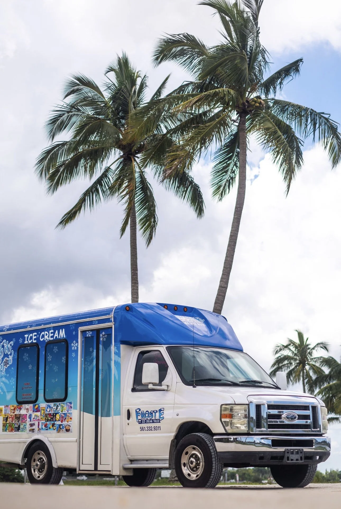 Ice cream truck parked under palm trees with a cloudy sky.