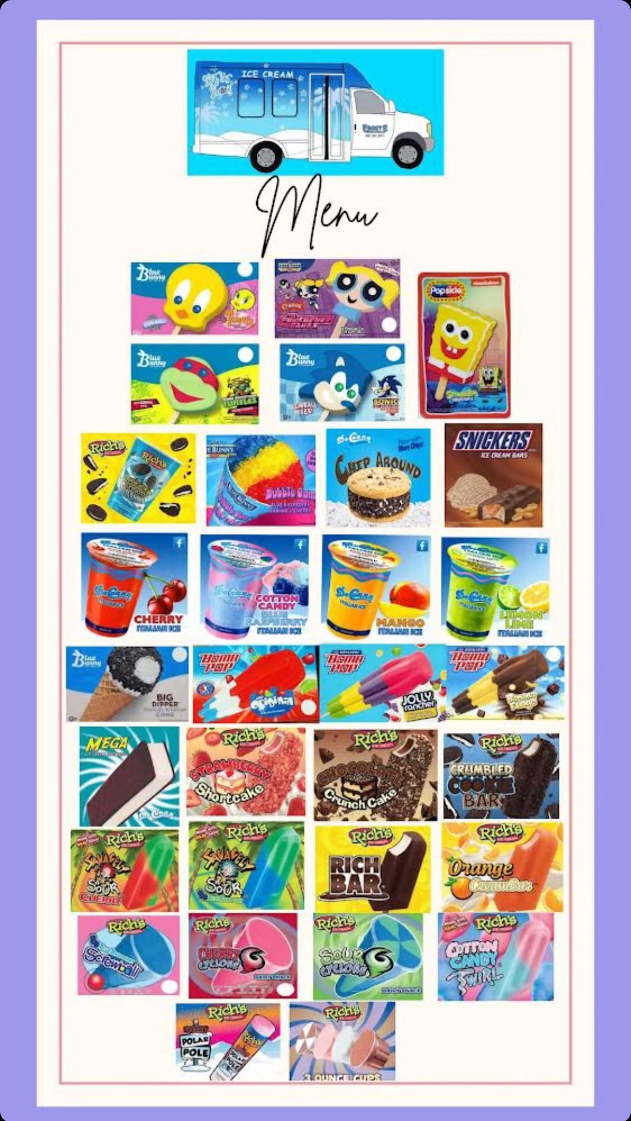 Ice cream truck menu displaying various ice cream novelties, character popsicles, frozen treats, and ice cream bars. Includes flavors like cherry, cotton candy, blue raspberry, and chocolate. Features popular cartoon characters and a range of popsicle designs.