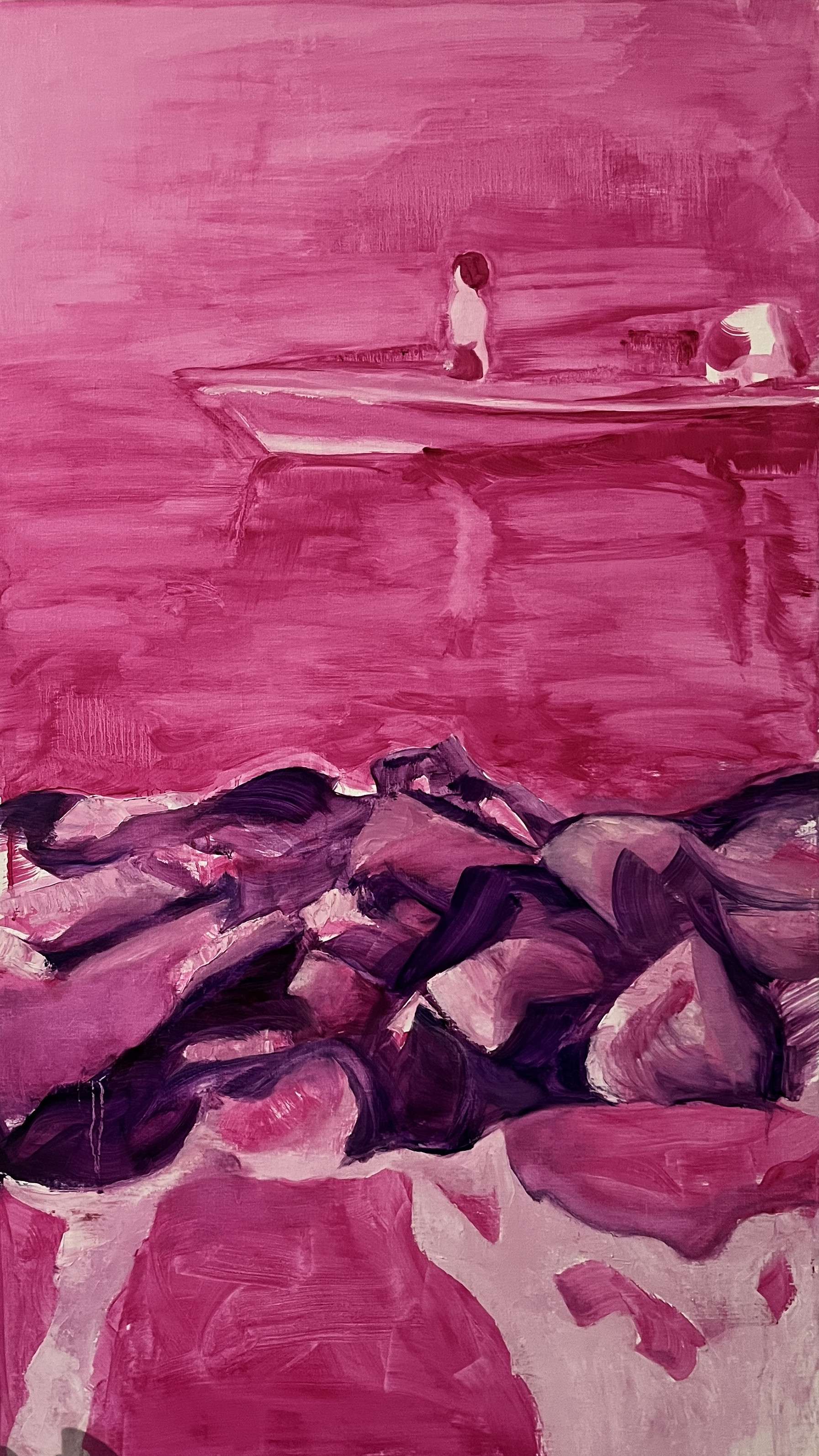 À deriva, 2025 Série Mala se perde no mar, Óleo sobre linho 106 x 60 cm