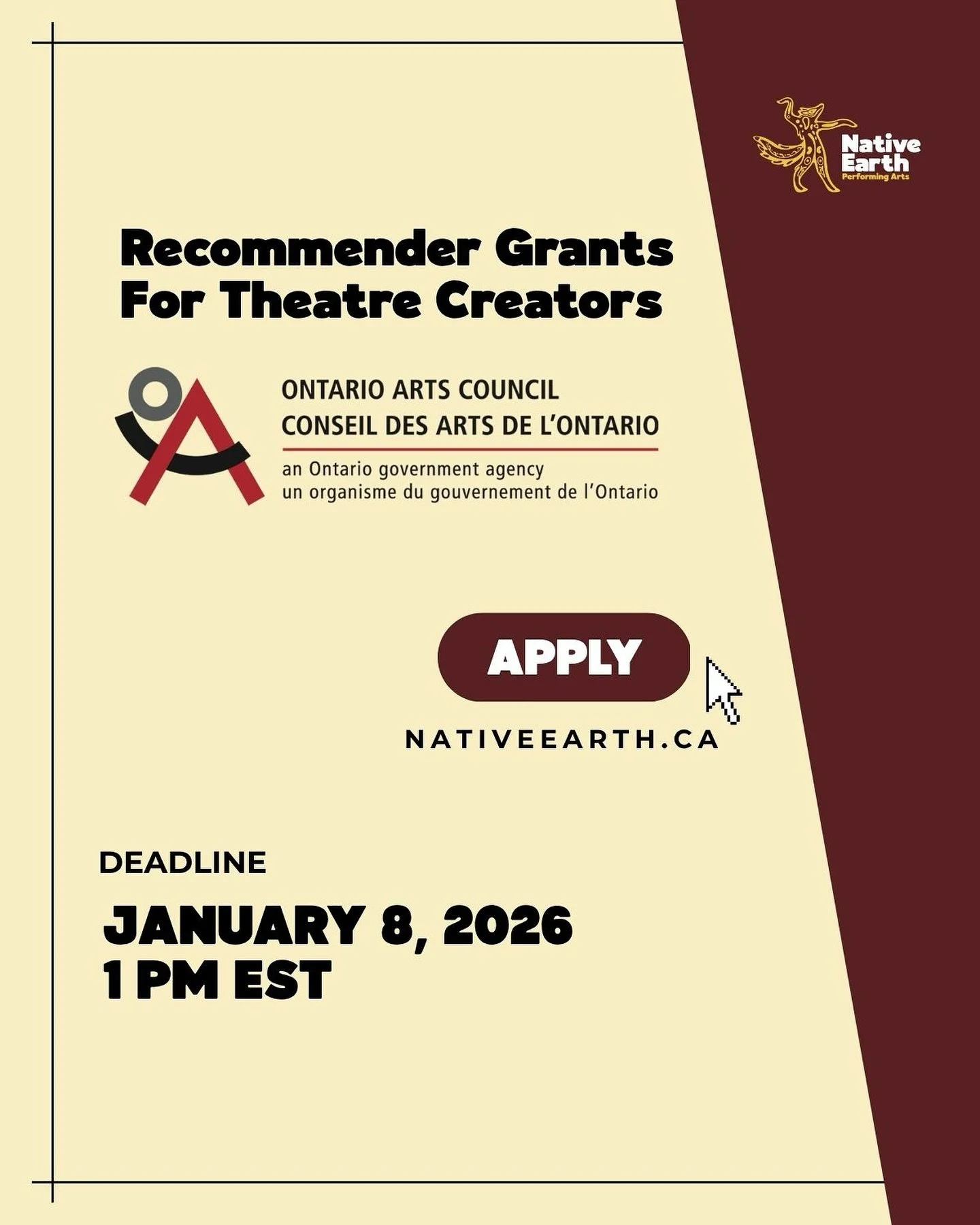 📢 Applications are open for Recommender Grants for Theatre Creators!
⁣
We are happy to announce that we are once again accepting applications from Ontario-based emerging and established theatre and multidisciplinary Indigenous creators, artists, and