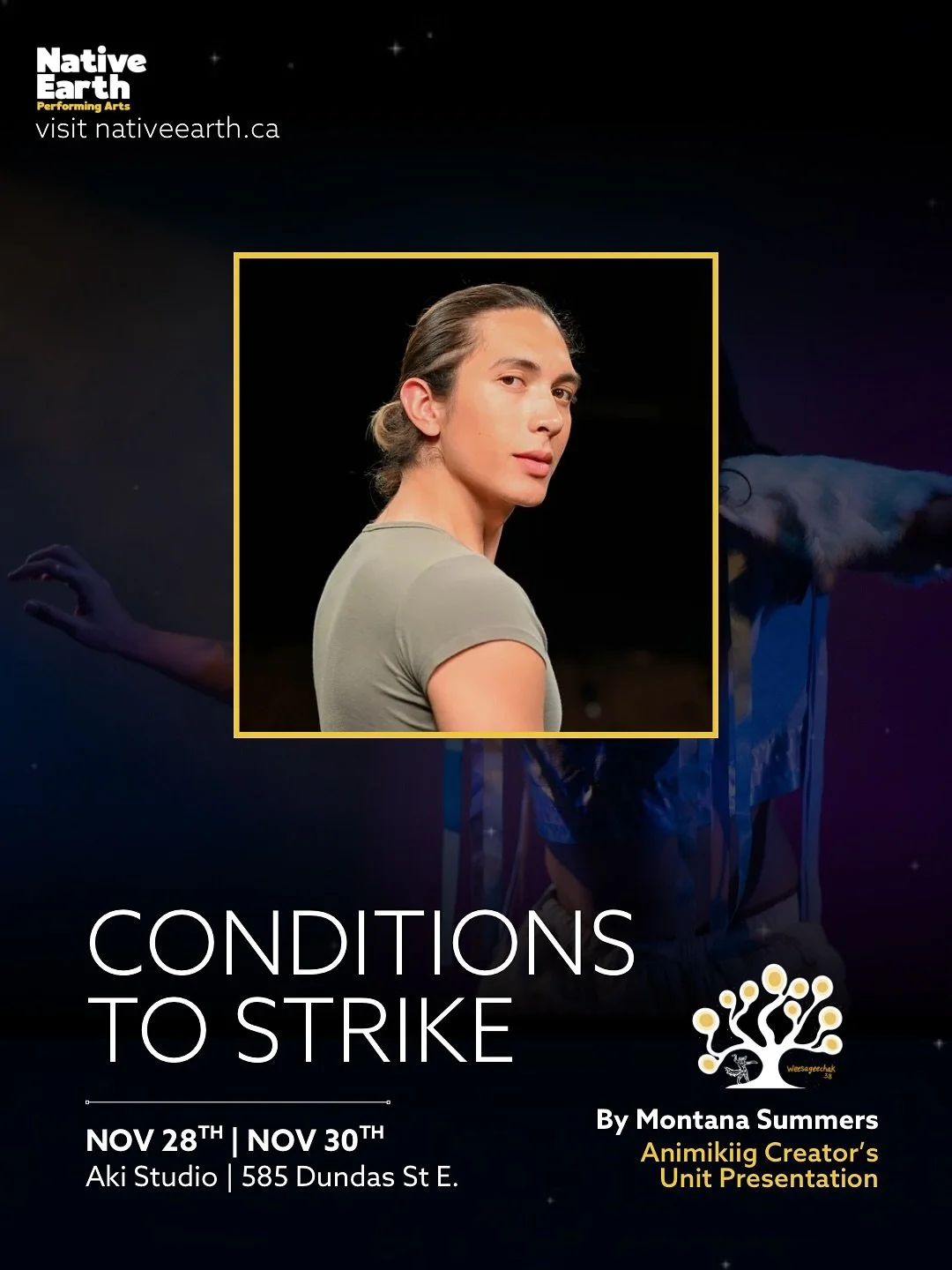 Conditions to Strike 🏔️

&ldquo;Conditions to Strike is a rendition of the Thunder Boy character from Onkweh&oacute;n:we storytelling.&rdquo; 🌩️

Friday Nov 28
7:30pm | Aki Studio
$15

Sunday Nov 30
2:00pm | Aki Studio 
$15

Weesageechak Begins to 