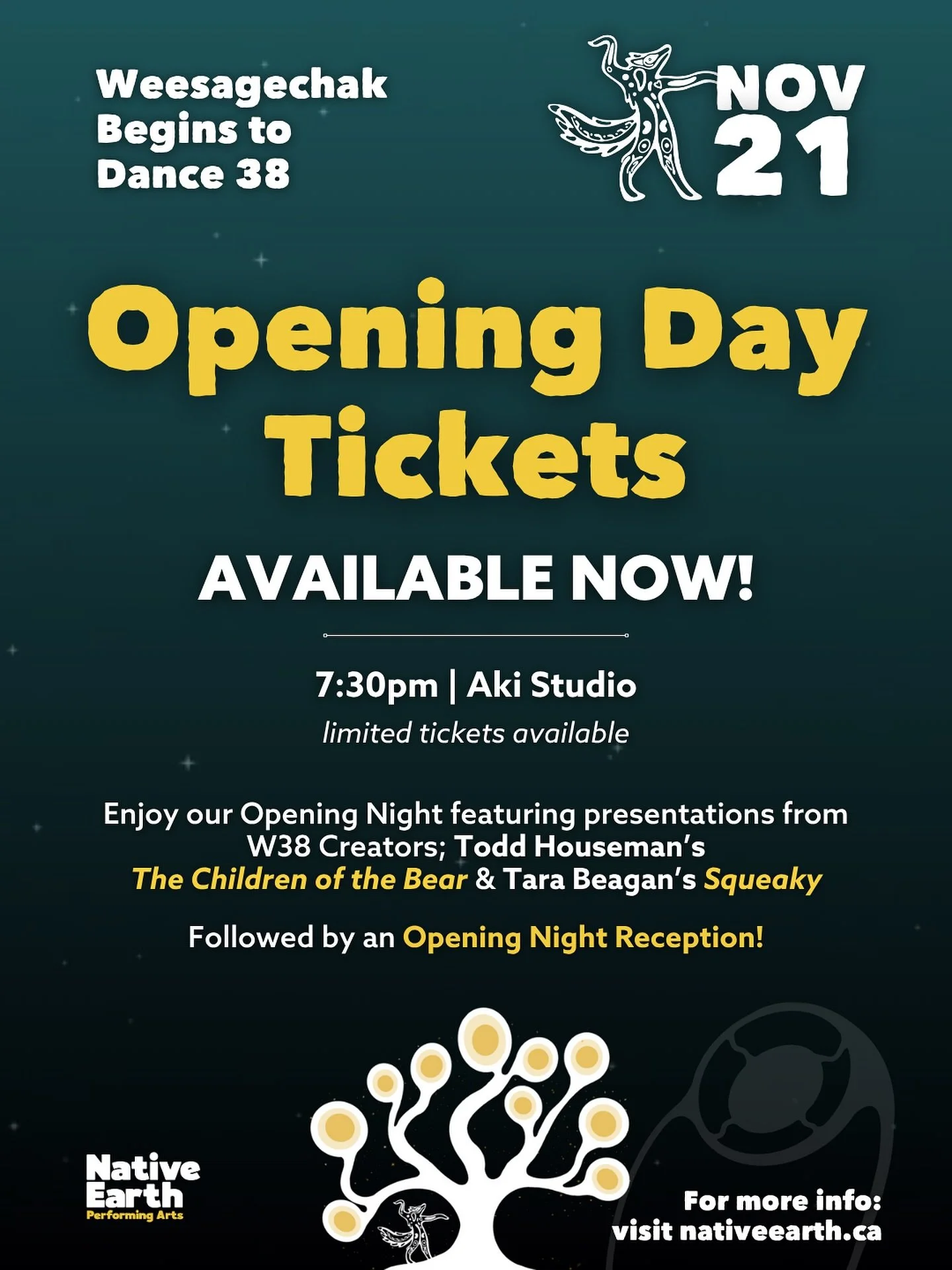 LIMITED OPENING DAY TICKETS AVAILABLE NOW! 💫

Weesageechak Begins to Dance Festival 38 opens this Friday, if you&rsquo;d like to make it to our opening night presentations and celebration, get your tickets soon!

If you&rsquo;re interested in attend