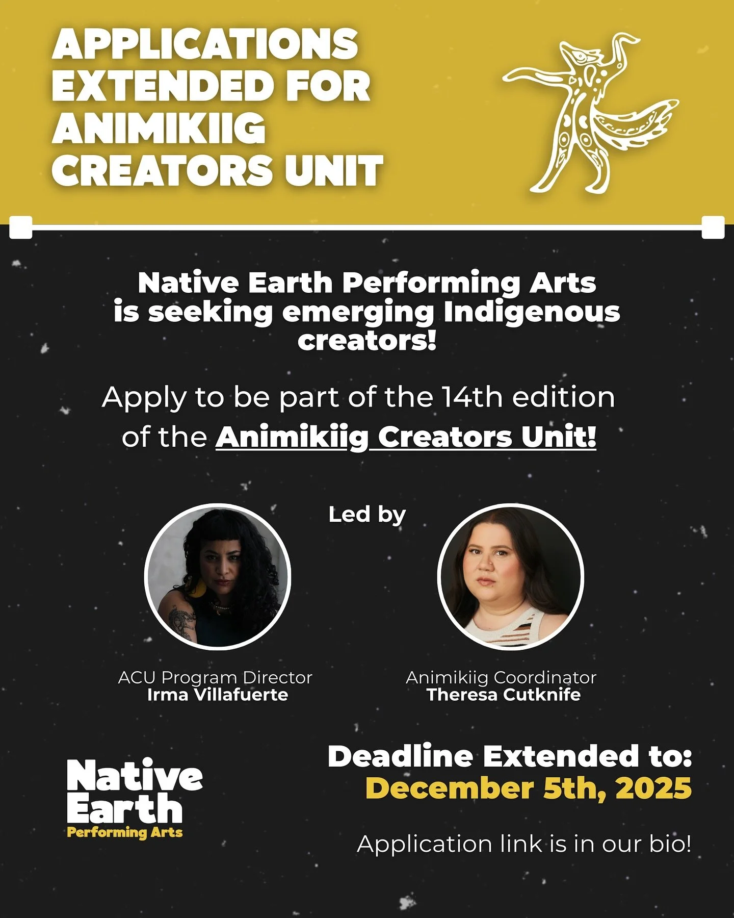 Calling All Emerging Indigenous Creators! 🪐

Native Earth Performing Arts is inviting emerging Indigenous artists across Turtle Island and beyond to apply for the 14th edition of the Animikiig Creators Unit, led by Program Director Irma Villafuerte!