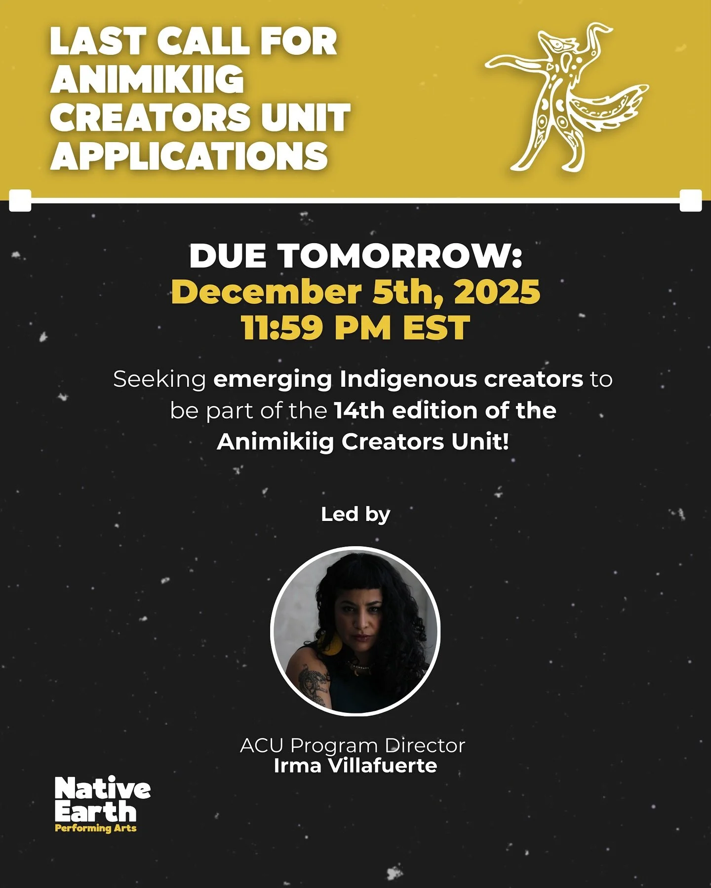 DUE TOMORROW, December 5th @ 11:59 EST
Call for Artists: Animikiig Creators Unit

Native Earth Performing Arts is inviting emerging Indigenous artists across Turtle Island and beyond to apply for the 14th edition of the Animikiig Creators Unit, led b