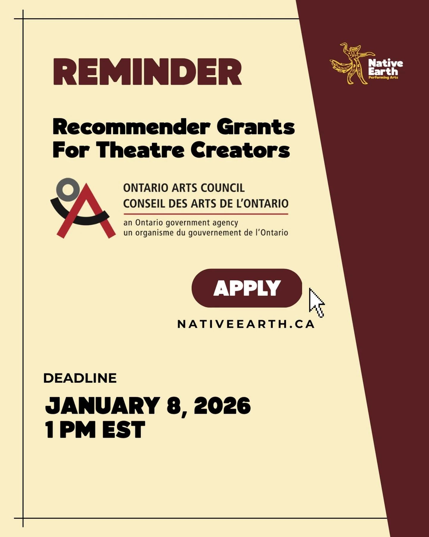 LAST CALL:
📢 Applications for Recommender Grants for Theatre Creators close THIS Thursday!
⁣
We are happy to announce that we are once again accepting applications from Ontario-based emerging and established theatre and multidisciplinary Indigenous 