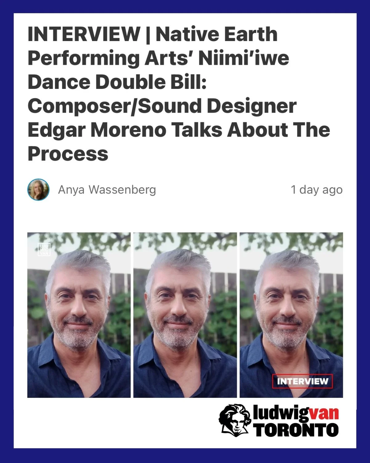 Interview with: Niimi&rsquo;iwe Dance Double Bill Composer/Sound Designer: Edgar Moreno
with LudwigVan Toronto @ludwigvantoronto 

Read the article here: https://www.ludwig-van.com/toronto/2026/01/29/interview-native-earth-performing-arts-niimiiwe-da