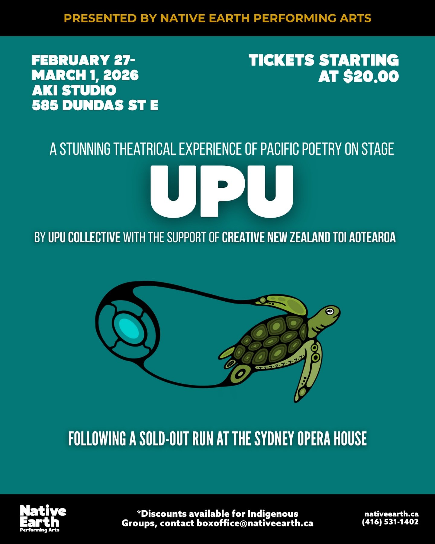 Coming Soon to Native Earth Performing Arts:
UPU
by UPU Collective with the support of Creative New Zealand Toi Aotearoa
.
.
Get your tickets now! 🎟️
February 27-March 1, 2026
.
.
.
Visual Art by Kikki Guerard