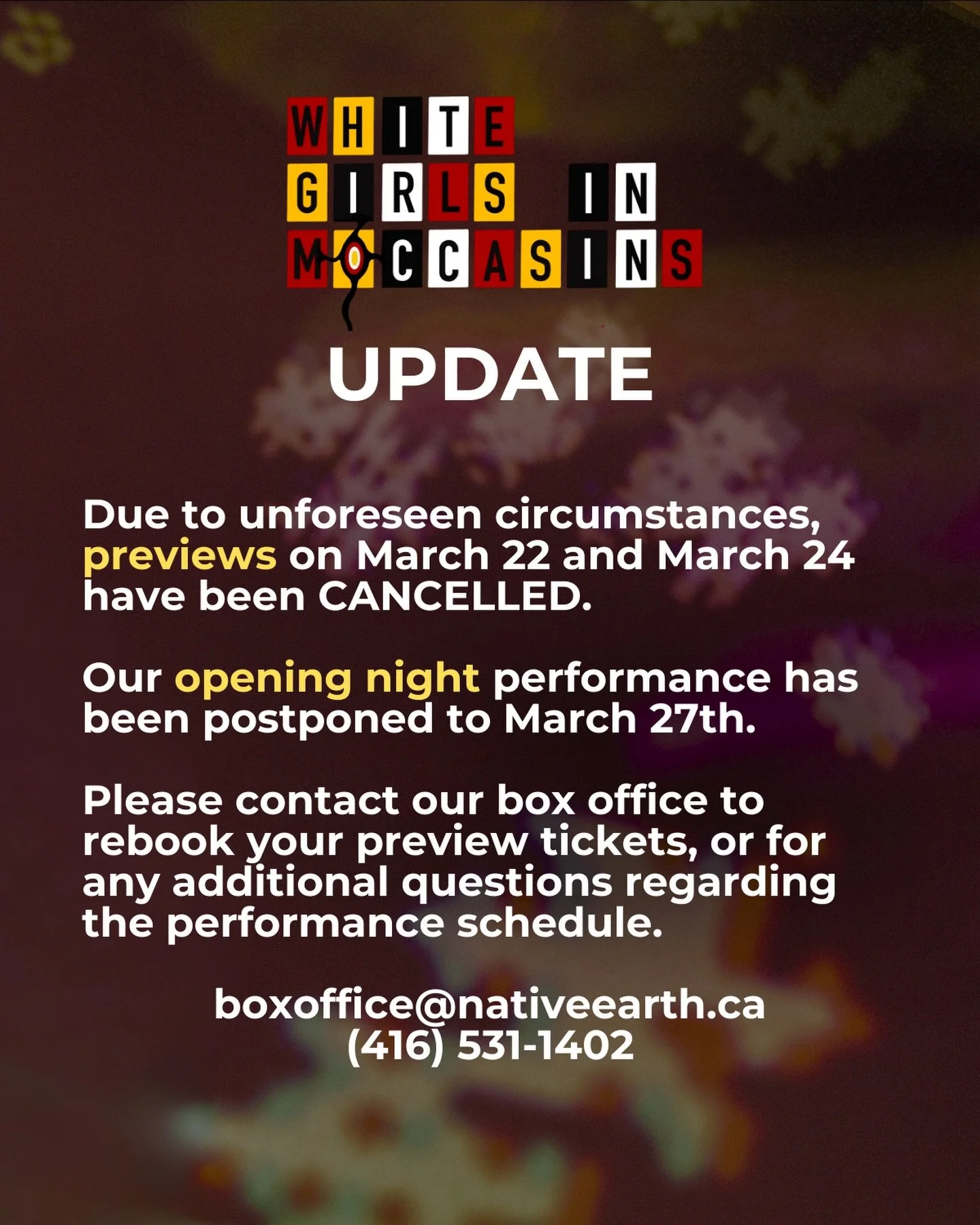 WGiM Announcement: Due to unforeseen circumstances,  previews on March 22 and March 24 have been CANCELLED.

Our opening night performance has been postponed to March 27th.

Please contact our box office to rebook your preview tickets, or for any add