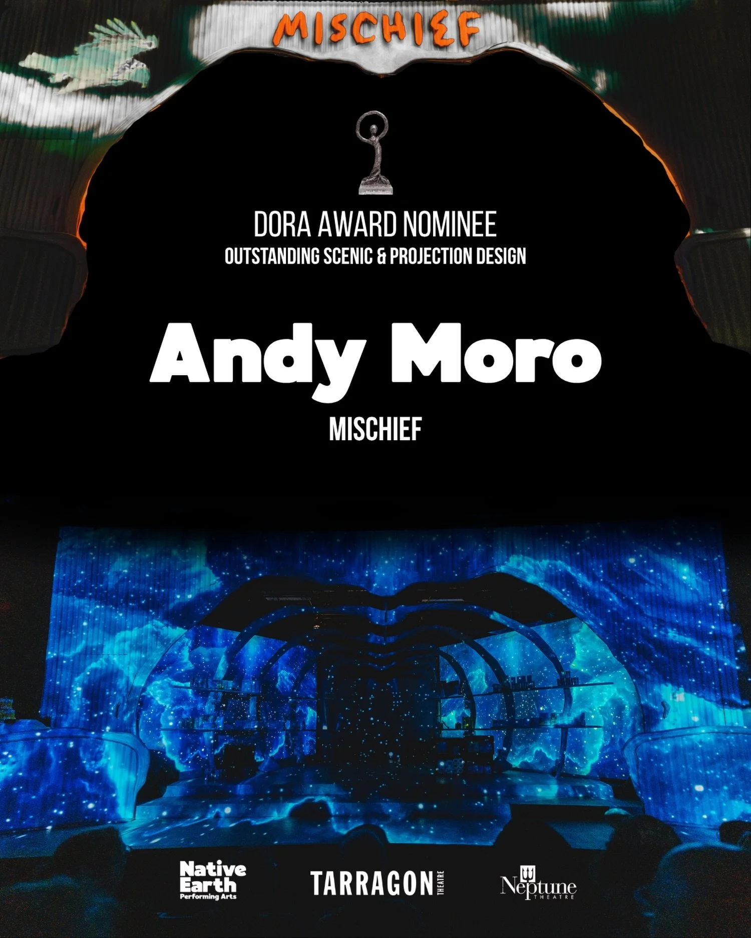 Congratulations to ANDY MORO for his Dora Award Nominations for &lsquo;Outstanding Scenic &amp; Projection Design&rsquo; for Mischief
⭐️

Co-Produced by Native Earth Performing Arts, Tarragon Theatre, and Neptune Theatre
.
.
.

Photo by: Jae&nbsp;Yan
