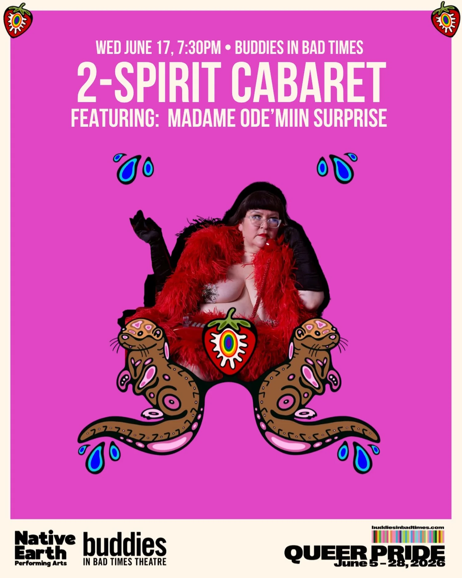Come to the 2-Spirit Cabaret to see a performance by: Madame Ode&rsquo;miin Surprise 
🌈
Madame Ode&rsquo;Miin Surprise is an Urban IndigiQueer Anishinaabe burlesque performer, creator, and Mother of IndigiBabes Burlesque. Madame Ode&rsquo;Miin uses 