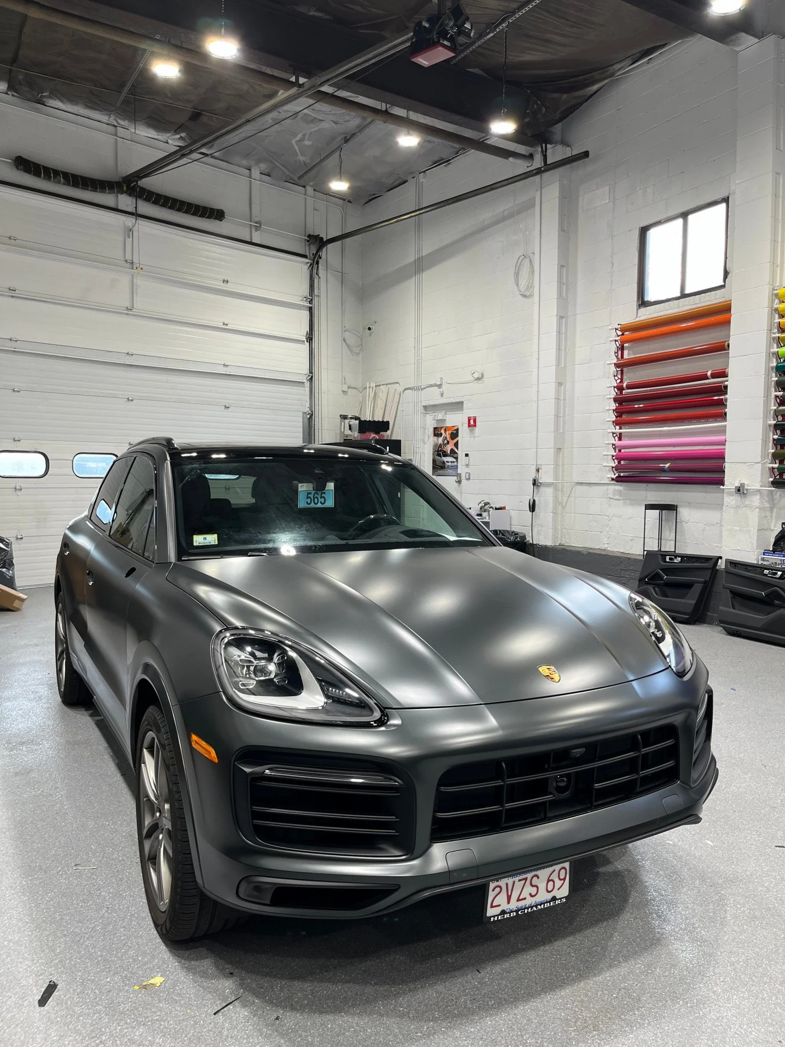 2024 Porsche Cayenne Turbo E-Hybrid with full satin dark grey vinyl wrap by Enigma Wraps