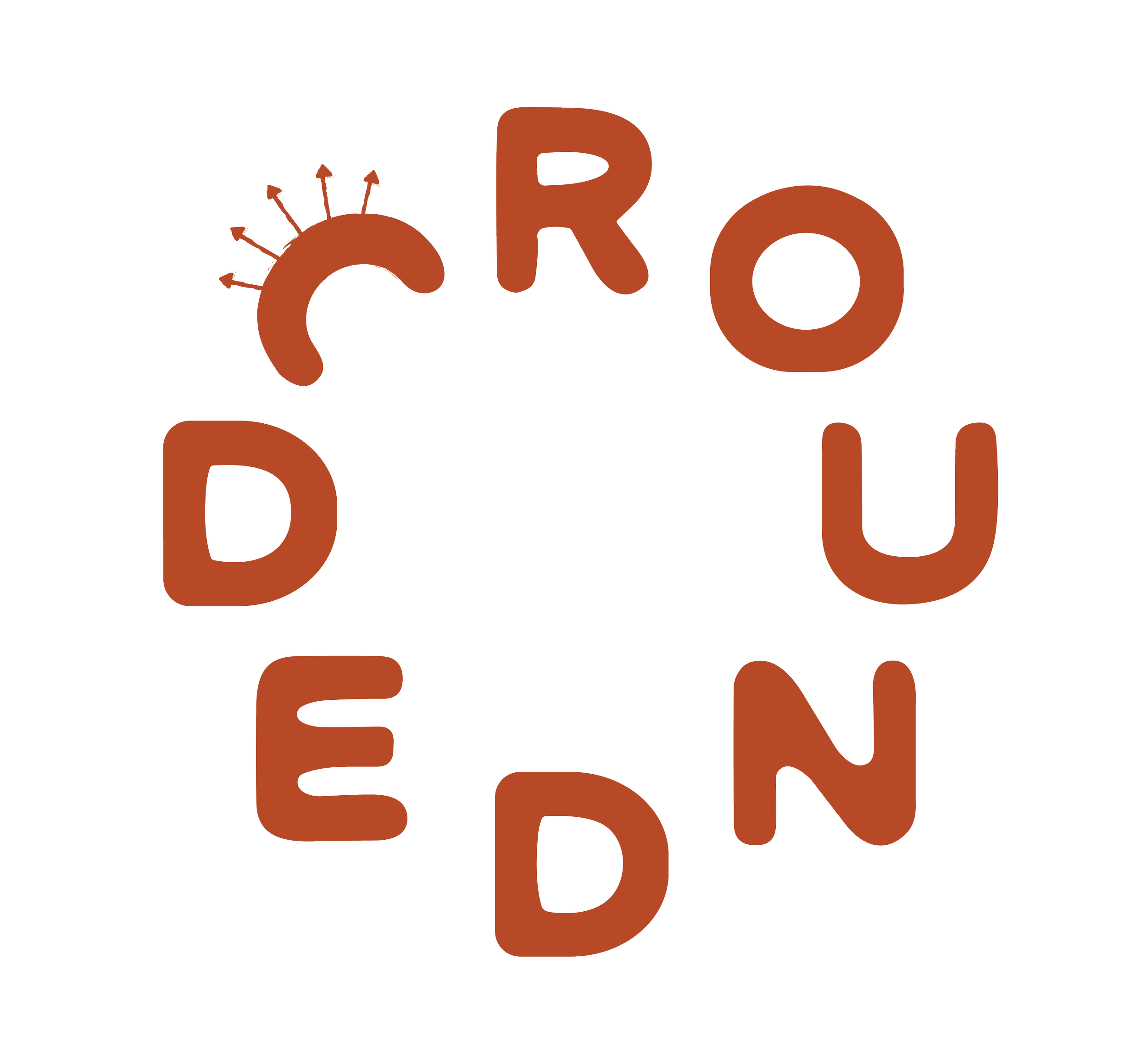 The word 'Rounded' arranged in a circular pattern with a stylized stylist head sheet design at the start.