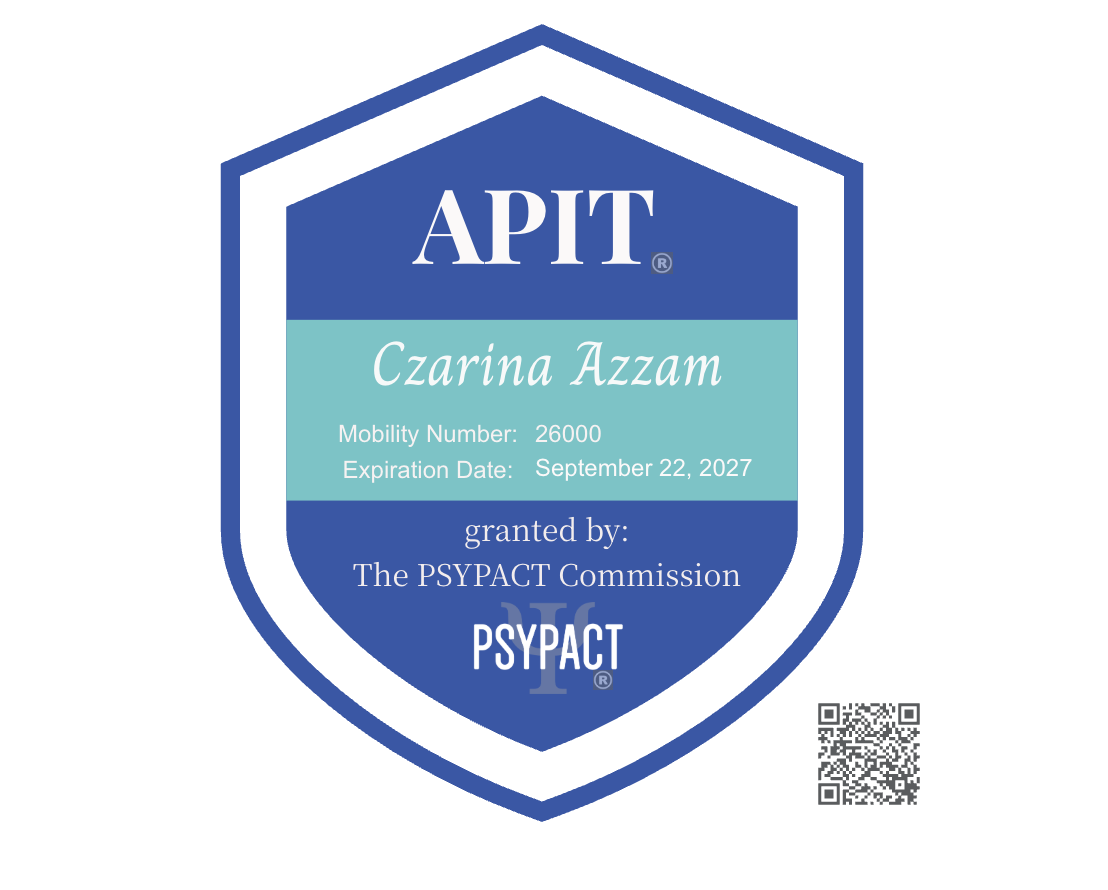 Czarina Azzam’s PSYPACT Authority to Practice Interjurisdictional Telepsychology badge, mobility number 26000.