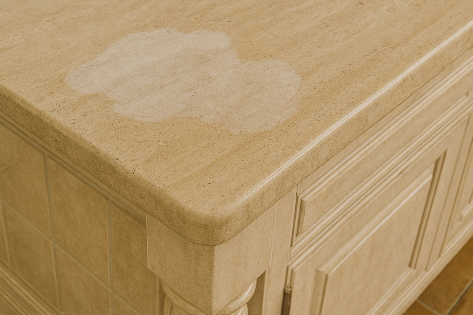 Close-up of a beige stone kitchen countertop with water stains.