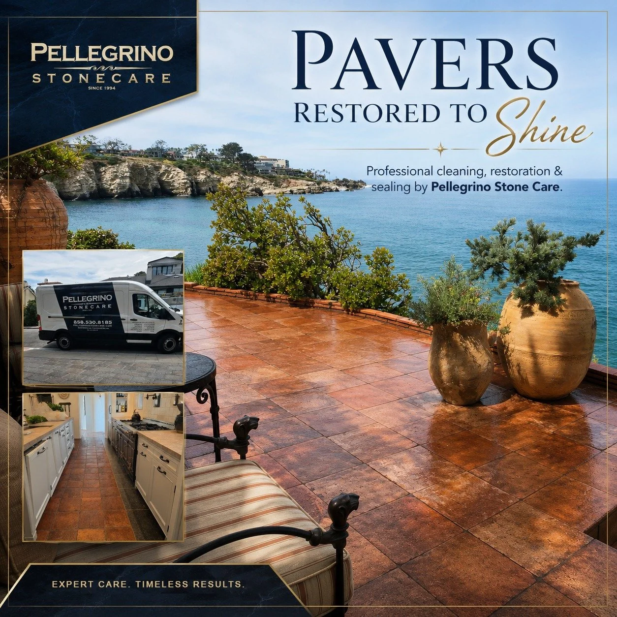 Pellegrino Stone Care brought these pavers back to life with professional cleaning, restoration, and sealing. From the interior tile to the outdoor coastal patio, the surfaces now have a rich, refreshed color and a beautiful restored shine that enhan