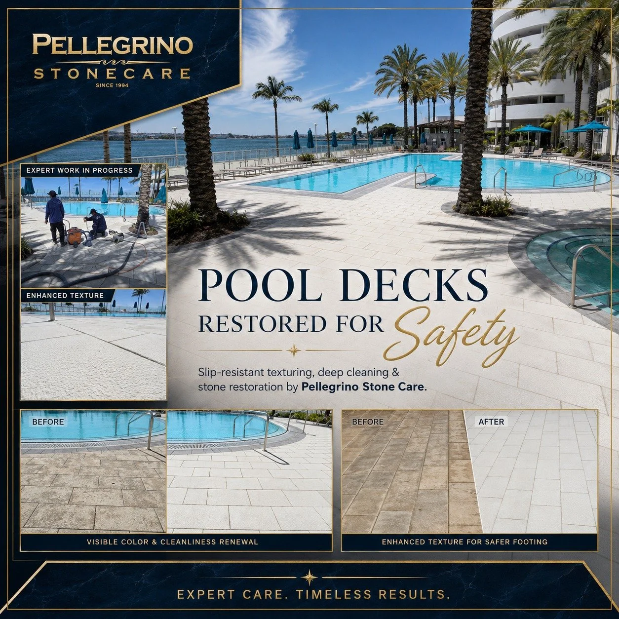 A resort-style pool deck should look beautiful, but it also needs to perform safely under daily use. For this hotel project, Pellegrino Stone Care deep cleaned and restored the poolside stone while creating a refined texture to help reduce slipping a