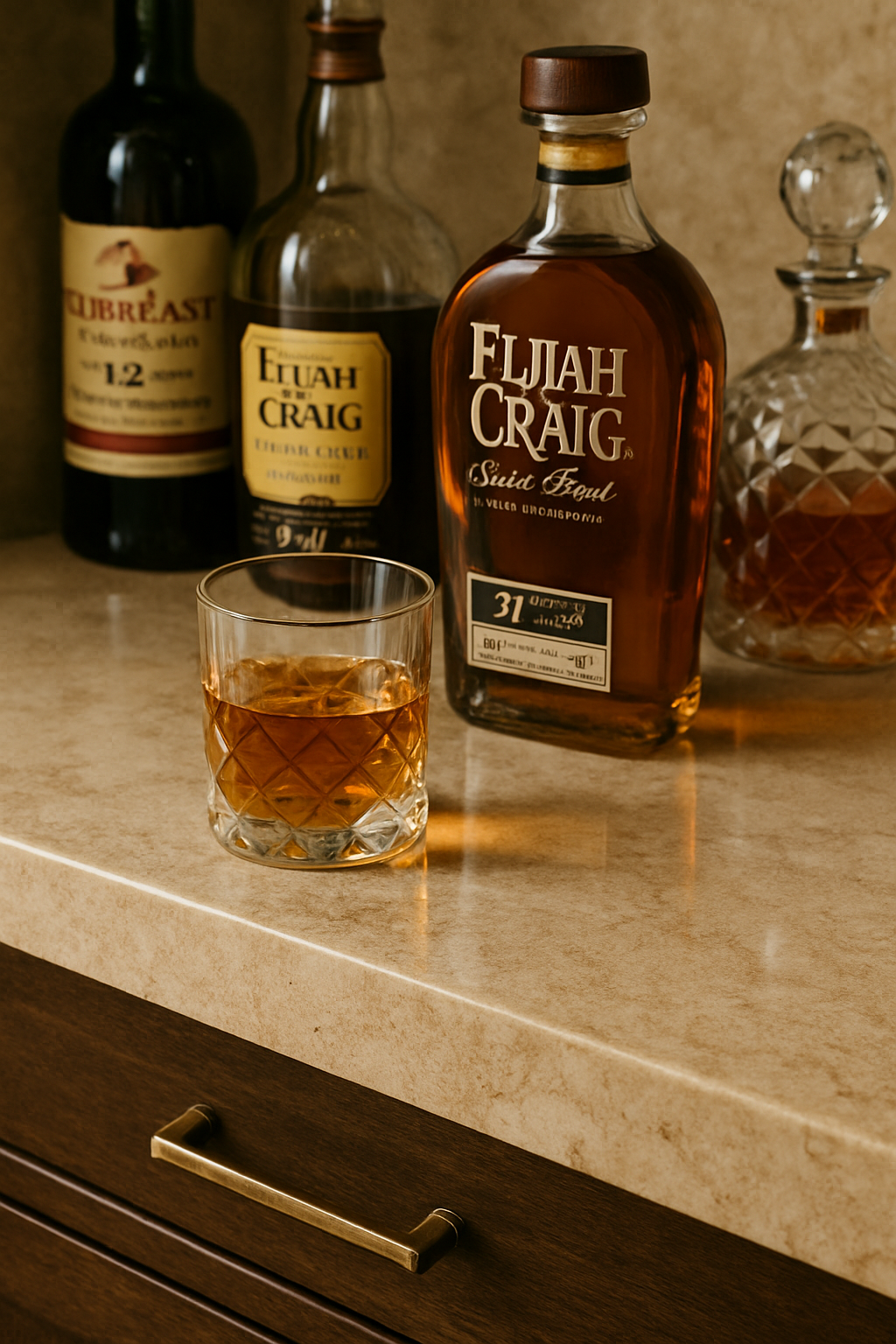 A glass of whiskey and bottles of Eluah Craig, Fliah Craig, and other liquor on a kitchen counter.
