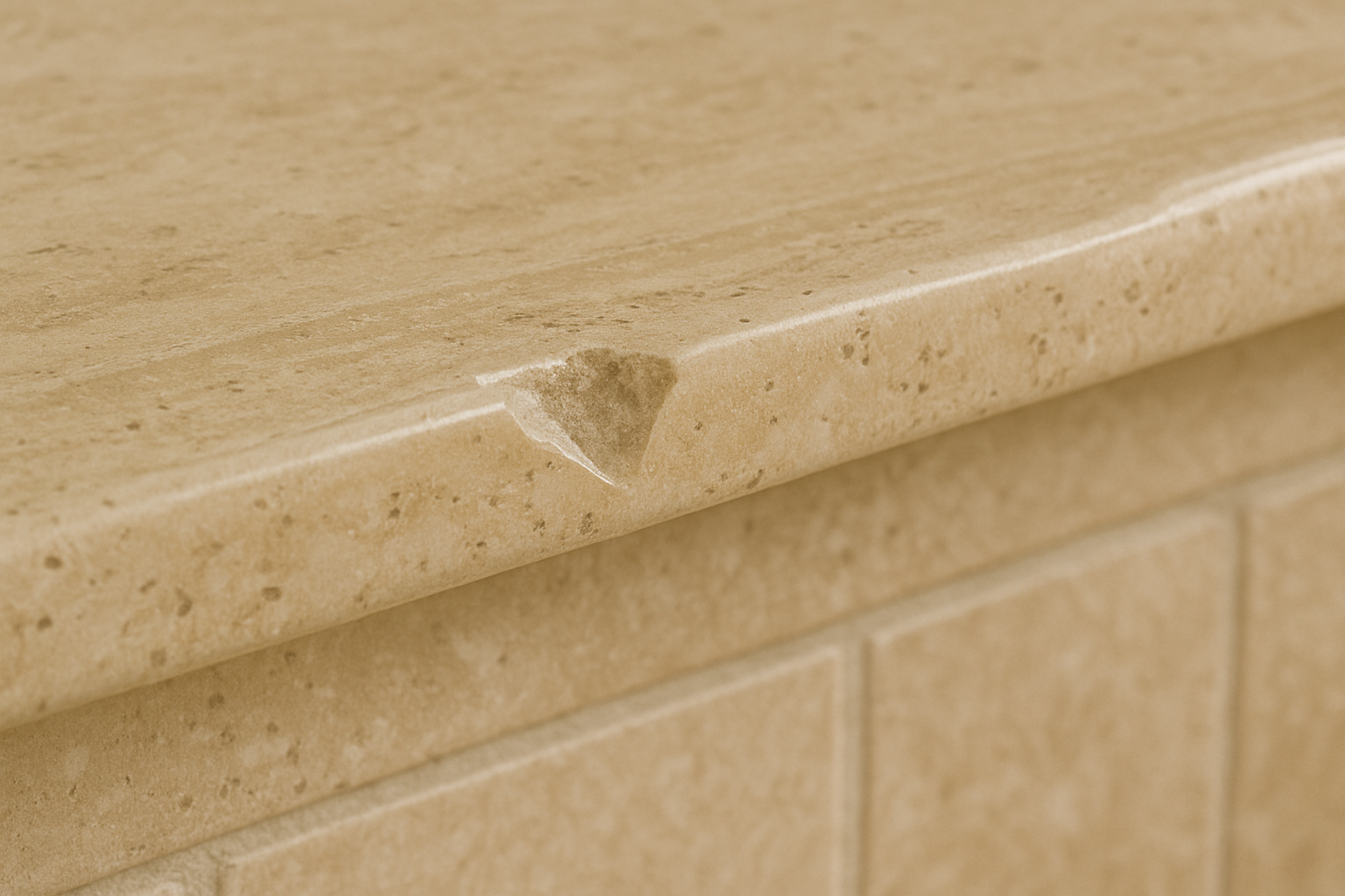 Close-up of a beige tiled wall with a chipped tile on the edge of the countertop