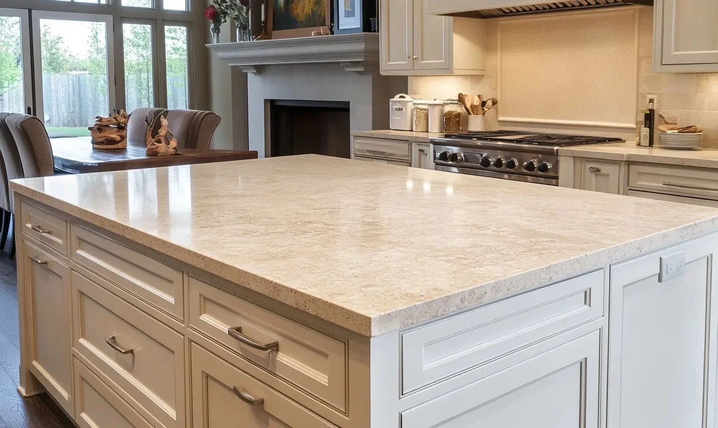 Kitchen island with cream-colored cabinets and a beige countertop in a modern kitchen, with a dining area and a fireplace in the background.
