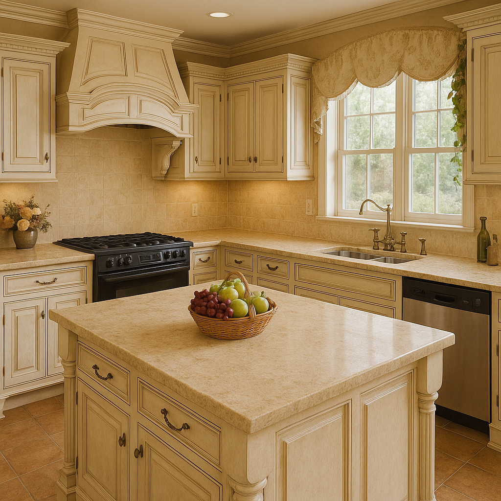 A cream-colored kitchen with cabinetry, a central island with a basket of apples and grapes, a window with a valance, and a stove with a range hood.