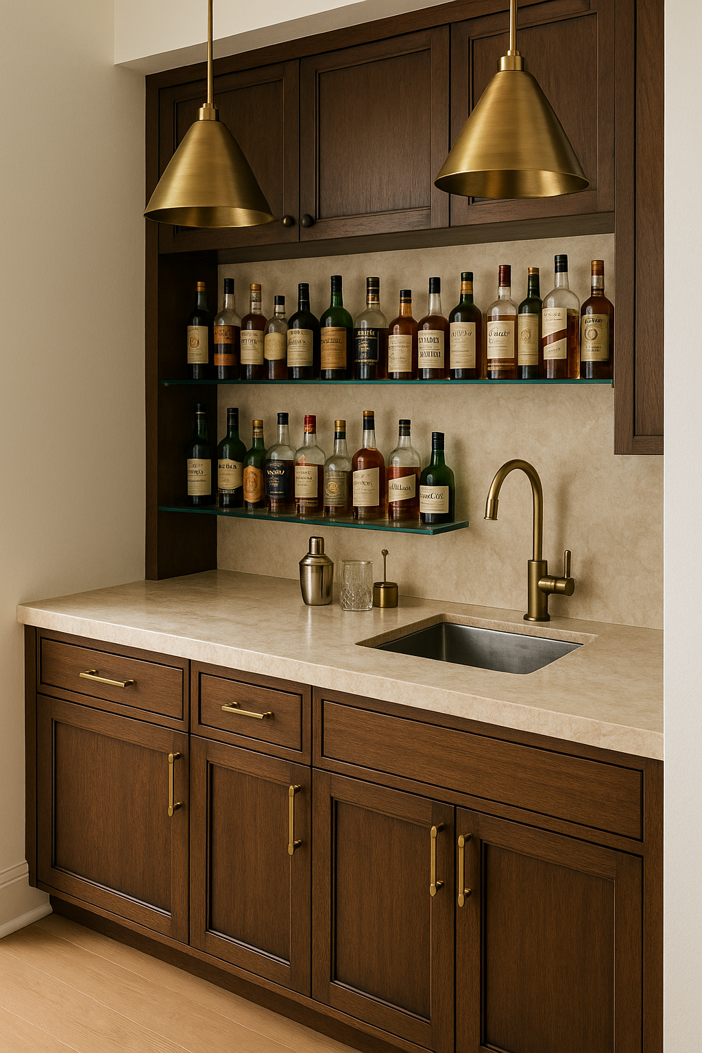 A home bar area with a wooden cabinet, two gold pendant lights, a beige countertop, a gold faucet, and shelves with bottles of liquor.